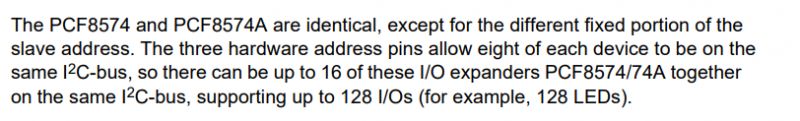 PCF8574 and PCF8574A: Comparison and Expansion Capabilities Information about I/O expanders PCF8574 and PCF8574A.