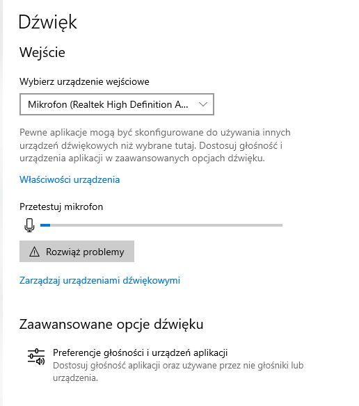 Zrzut ekranu z ustawieniami dźwięku w systemie Windows, pokazujący wybór urządzenia wejściowego.