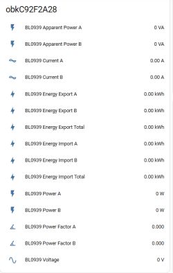 Screenshot listing “BL0939” energy metrics with all values at 0 (power, current, energy, voltage)