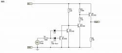 Schemat obwodu elektronicznego z oznaczeniem napięcia wejściowego jako 5V AC, zawierający tranzystory, diody i rezystory.