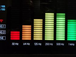 Colorful graphic equalizer bars labeled 32 Hz to 1 kHz on a black display