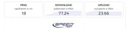 Internet speed test results showing a ping of 18 ms, download speed of 77.24 Mb/s, and upload speed of 23.66 Mb/s.