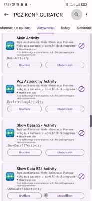Zrzut ekranu aplikacji PCZ Konfigurator z listą aktywności i opcjami uruchamiania