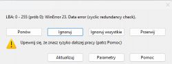 Zrzut ekranu z komunikatem błędu DMDE dla błędu cyklicznej kontroli nadmiarowej.