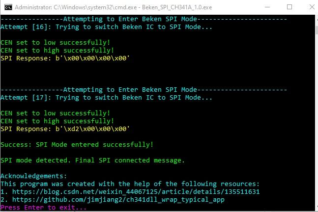 Invoking Beken SPI Mode in Beken_SPI_CH341A Program Terminal window showing successful entry into Beken SPI Mode using Beken_SPI_CH341A_1.0.exe program.