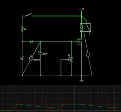 Schemat obwodu elektronicznego z symulacją graficzną napięcia.