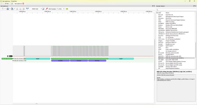 RGB LED (WS281x) Signal Analysis in PulseView Screenshot from PulseView software showing an analysis of an RGB LED (WS281x) signal using a decoder.