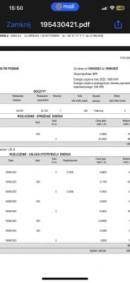 Zrzut ekranu przedstawiający fakturę za energię elektryczną z danymi na temat zużycia energii oraz kosztów.