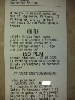 Płatność za brak biletu parkingowego.