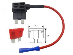 Adapter bezpiecznika samochodowego z czerwonym przewodem i końcówką niebieską