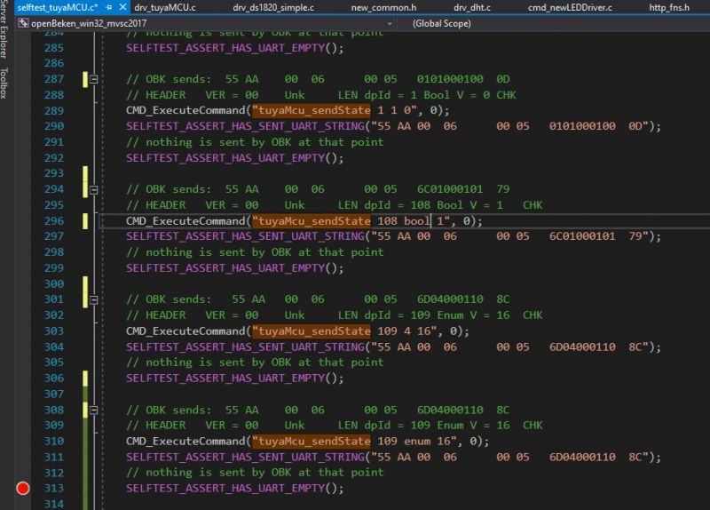 Screenshot of source code inside an editor, displaying tuyaMcu_sendState commands and test results.
