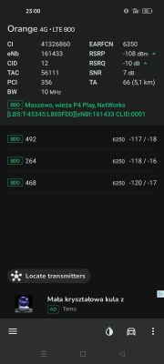 Zrzut ekranu z aplikacji HManager pokazujący szczegóły połączenia sieci LTE 800 od operatora Orange.