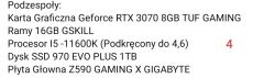 Specyfikacja komputera z kartą graficzną Geforce RTX 3070 8GB TUF GAMING.