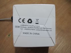 Information Label on eVAtmasterConsulting GmbH Box Label on a box with information about eVAtmasterConsulting GmbH, CE and recycling symbols.