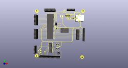 Widok 3D projektu czterowarstwowej płytki PCB z komponentami elektronicznymi.
