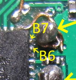 Close-up of a circuit board with markings B6 and B7.