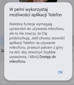 Alert dotyczący dostępu do mikrofonu w aplikacji Telefon Komunikat o zgodzie na użycie mikrofonu przez aplikację Telefon w Androidzie 15