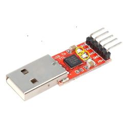 Red USB-to-TTL module with USB-A plug and header pins labeled RXD, TXD, GND, +5V