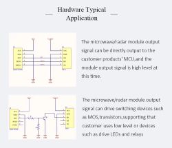 Schematics of microwave/radar module applications showing two connection methods to a microcontroller.