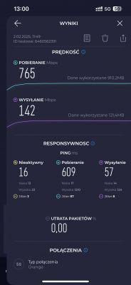 Zrzut ekranu wyników testu prędkości internetu na telefonie iPhone pokazujący prędkość pobierania 765 Mbps i wysyłania 142 Mbps.