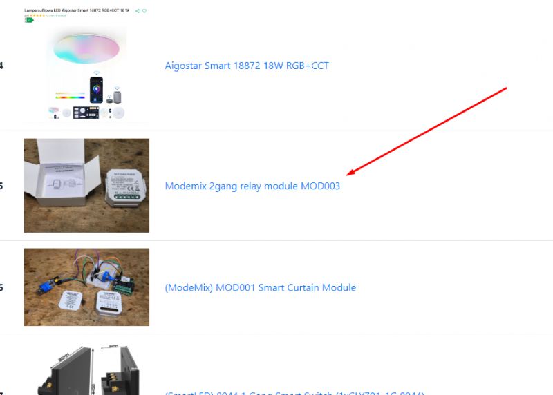 Screenshot of an IoT device list with the Modemix 2gang relay module MOD003 highlighted.