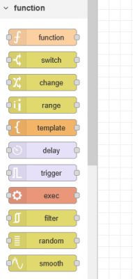 Node-RED interface showing a list of available function nodes, such as function, switch, change, and others.