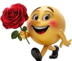 Smiling emoji walking with a red rose in hand