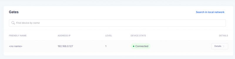 Screenshot of a gateway management panel showing a device list with connection status.