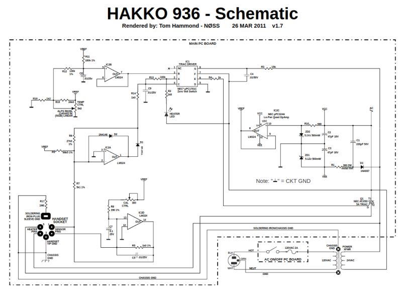 Schemat ideowy stacji lutowniczej Hakko 936 z oznaczeniami komponentów