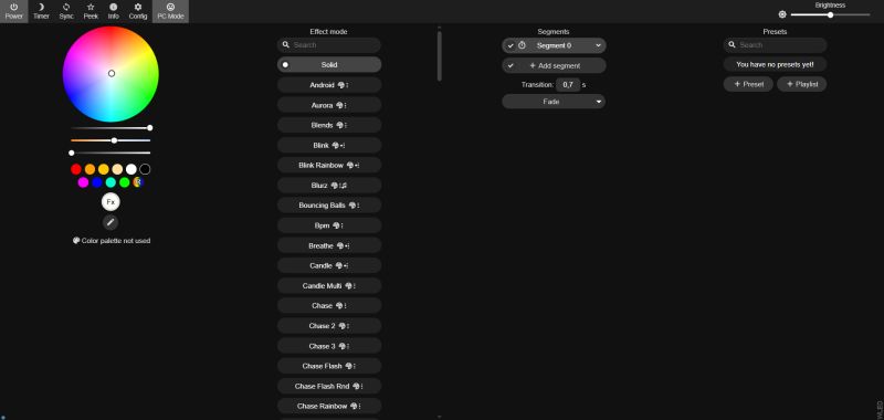 WLED interface with color picker, light effects list, and LED segment controls