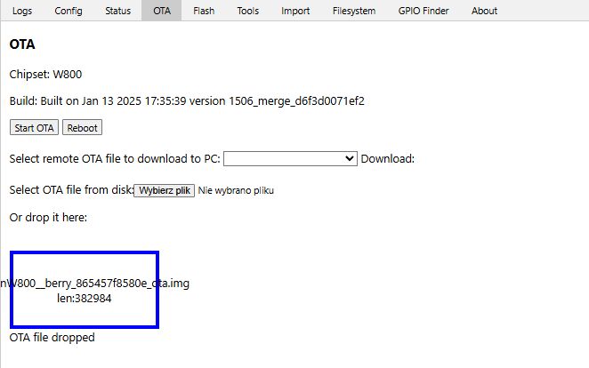 OTA update panel for W800 chipset with uploaded update image file.
