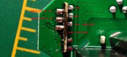 Interior of Device with PCB Connection Labels Image of the interior of an electronic device showing a connector on a PCB with labeled connection points.