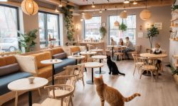 Cat Café with Wooden Furniture Cozy cat café with wooden furniture where people enjoy coffee.