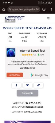 Wyniki speed testu Orange Mobile z dnia 25.09.2025 Zrzut ekranu z wynikami testu prędkości internetu mobilnego Orange Mobile