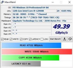 Zrzut ekranu z MaxxMem2 pokazujący wydajność pamięci DDR5 z procesorem Intel i9-12900K