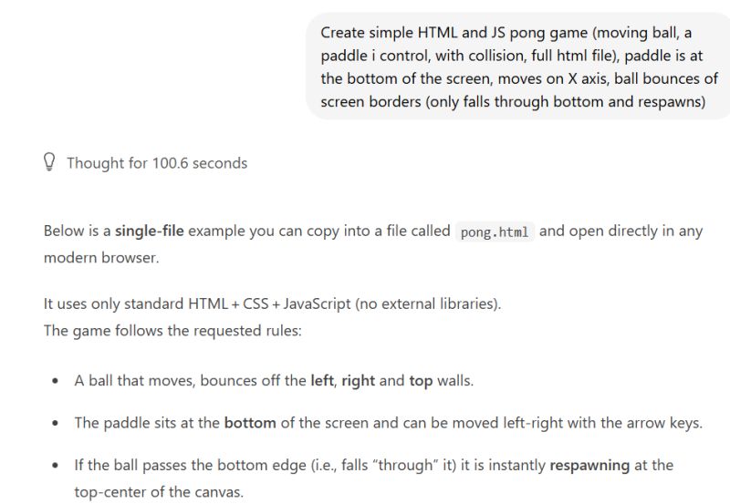 Screenshot showing AI-generated description of a Pong game in HTML and JS