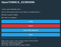 Device TXW81X configuration panel with TXWCAM driver active and restart button visible.