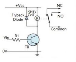 Circuit diagram of a relay with a flyback diode.
