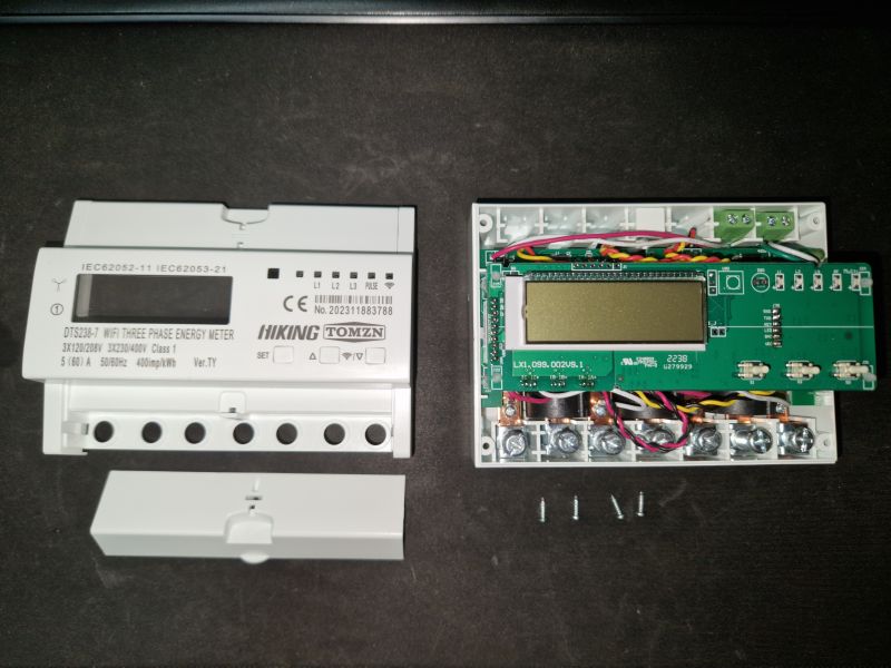 Three-Phase Energy Meter WIFI with Removed Casing Three-phase energy meter WIFI with the casing removed, revealing internal electronics.