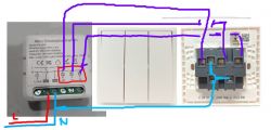Wiring diagram of a dimmer switch with highlighted wires.