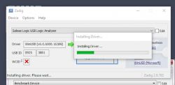 Driver Installation in Zadig Zadig driver installer dialog box showing driver installation process.