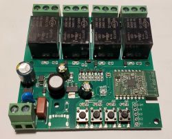 Relay board with Wi-Fi module and four push buttons on a green PCB
