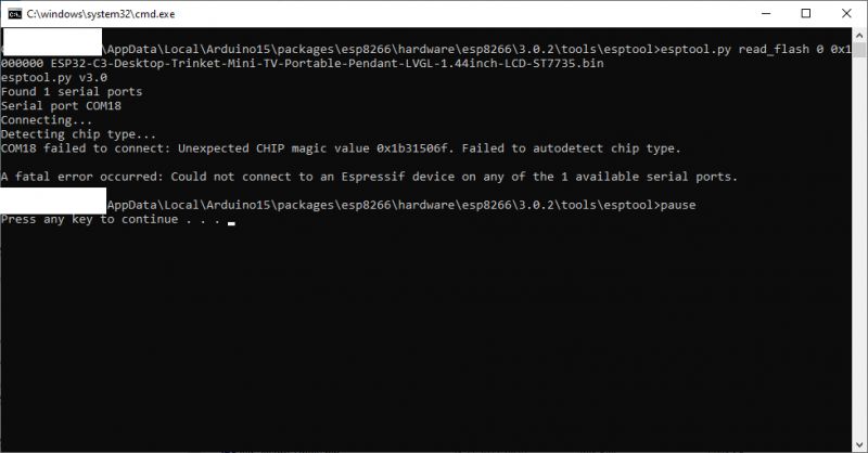 Esptool.py Error While Attempting Connection to ESP32-C3 Screenshot of esptool.py error message