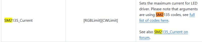 Documentation snippet showing SM2135_Current command and SM2135 code highlighted