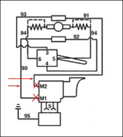 Schemat elektryczny z zaznaczonym przewodem zasilającym i komponentami M1 i M2