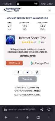 Zrzut ekranu z wynikami testu prędkości internetu 5G na telefonie z sieci Orange Mobile; pobieranie 1,99 Mb/s, wysyłanie 1,65 Mb/s.