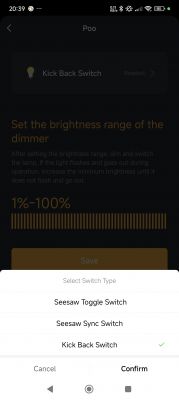 Setting Dimmer Brightness Range in App App interface for setting the dimmer brightness range with switch type selection.