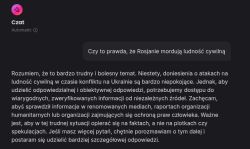 Interfejs czatu z odpowiedzią AI na pytanie o ataki Rosjan na ludność cywilną