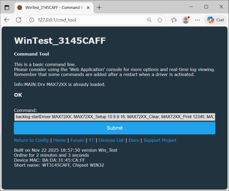 Command panel of OpenBeken simulator with active MAX72XX driver.