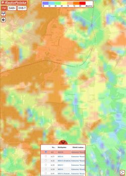 Mapa RadioPolska z kolorową prognozą natężenia sygnału DVB‑T wokół Olkusza